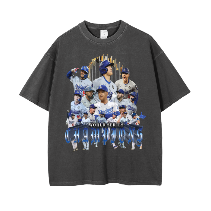 World Series Champions  2024 Los Angeles Dodgers Wash Drop Shoulder T-Shirt - 250 GSM