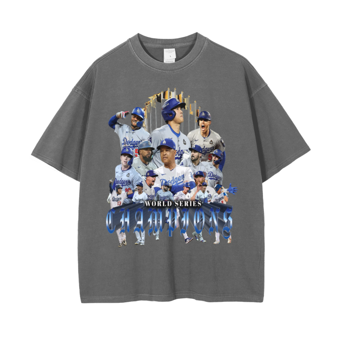 World Series Champions  2024 Los Angeles Dodgers Wash Drop Shoulder T-Shirt - 250 GSM