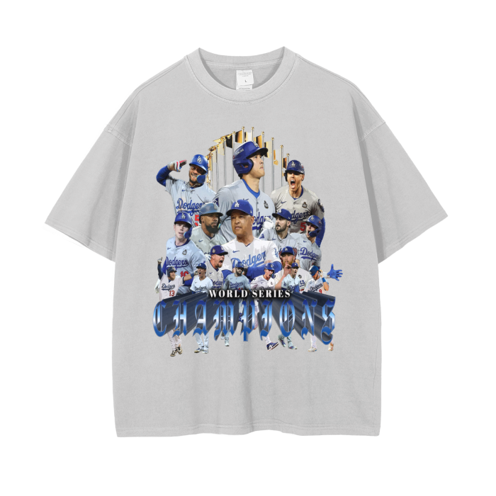 World Series Champions  2024 Los Angeles Dodgers Wash Drop Shoulder T-Shirt - 250 GSM