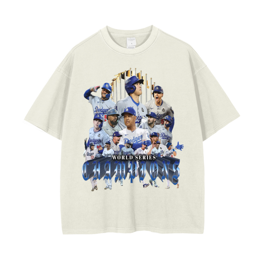 World Series Champions  2024 Los Angeles Dodgers Wash Drop Shoulder T-Shirt - 250 GSM